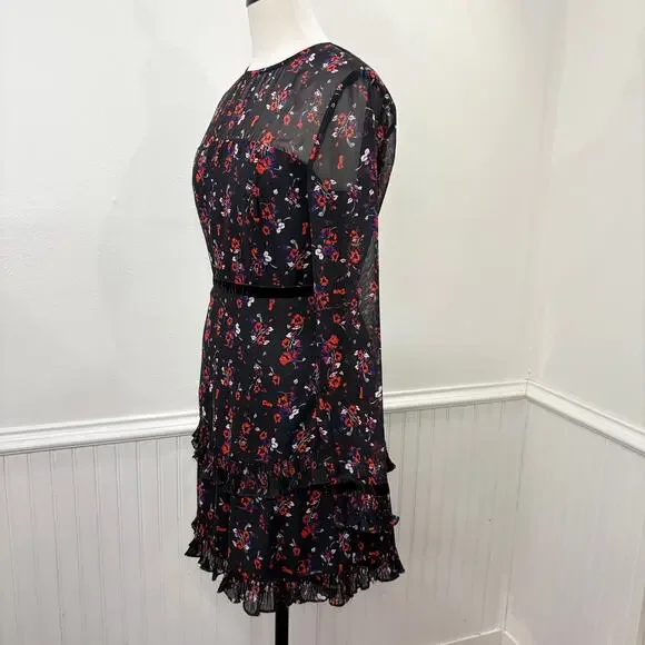 Lulus S Mini Dress Black Long Sleeve Floral Chiffon Ruffle Pleat Sheer Cottage - Picture 2 of 14